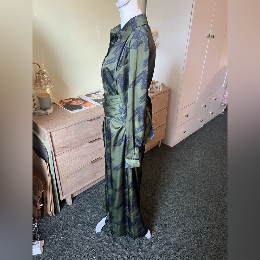 Forest Green & Black Houndstooth Button Down Multi-Way Wrap Satin Maxi Dress S - Picture 3 of 16